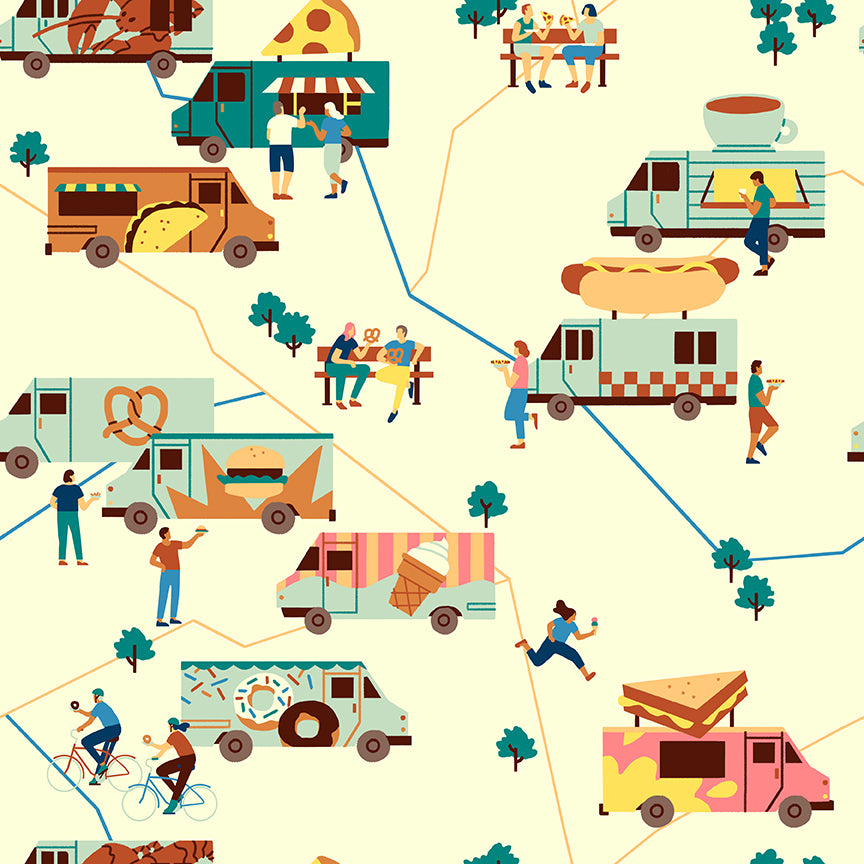 Bargain Basement Fabric - Food Truck - Trucks (Ecru) by PBS Fabric