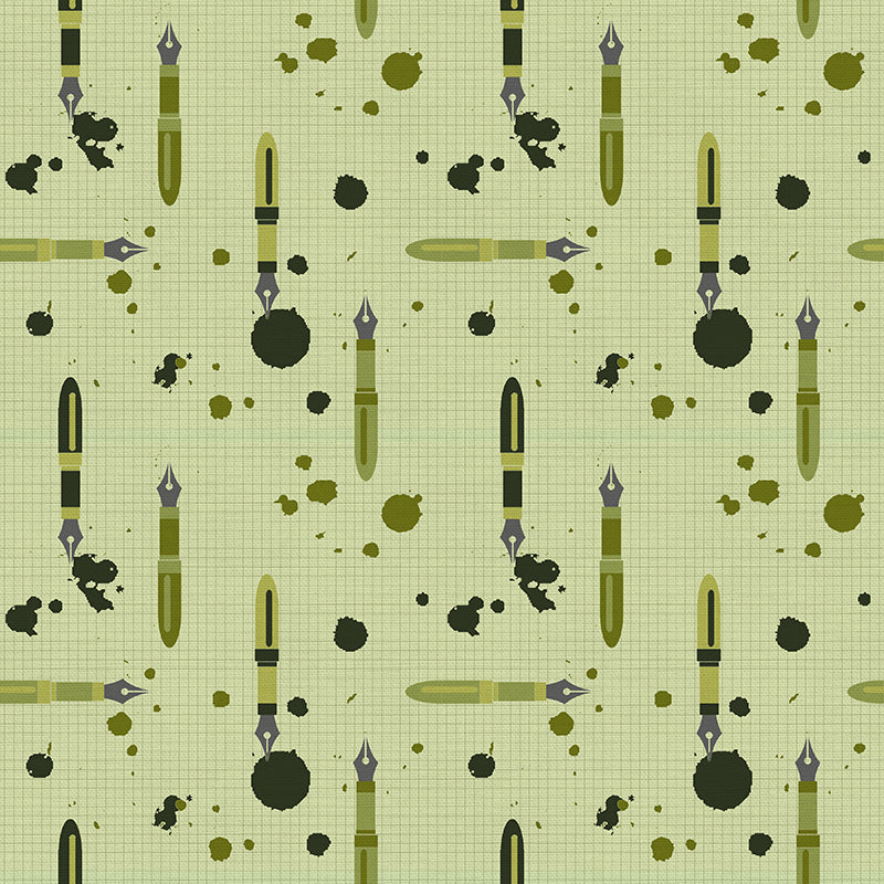 Bargain Basement Fabric - Ring Ring - Fountain Pens (Green)