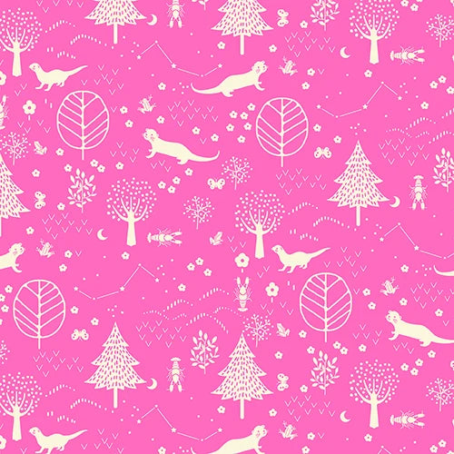 Bargain Basement Fabric - Otter Romp - Forest (Pink)