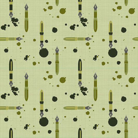 Bargain Basement Fabric - Ring Ring - Fountain Pens (Green)