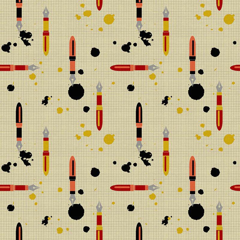 Bargain Basement Fabric - Ring Ring - Fountain Pens (Yellow)