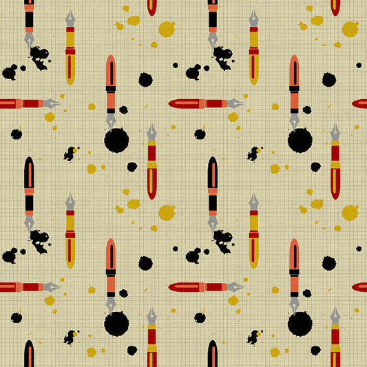 Bargain Basement Fabric - Ring Ring - Fountain Pens (Yellow)