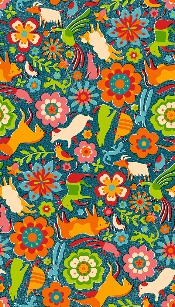 PBS Fabrics - Fiesta De Colores - Animal Toss (Dark Blue)