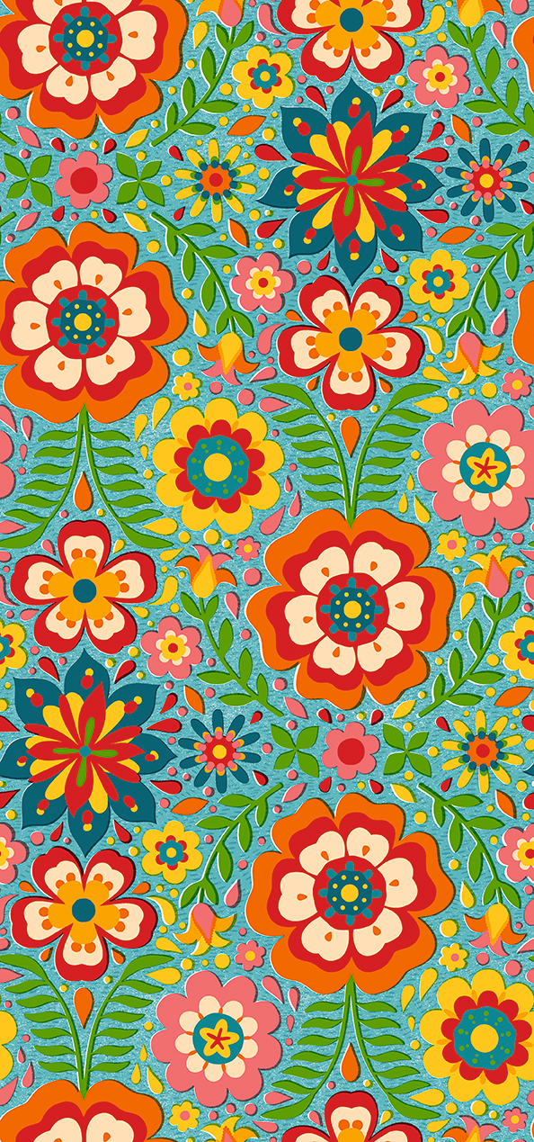 PBS Fabrics - Fiesta De Colores - Flowers (Blue)