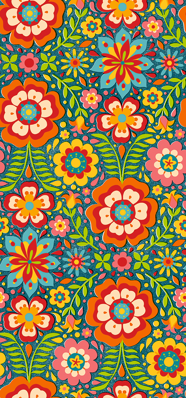 PBS Fabrics - Fiesta De Colores - Flowers (Dark Blue)