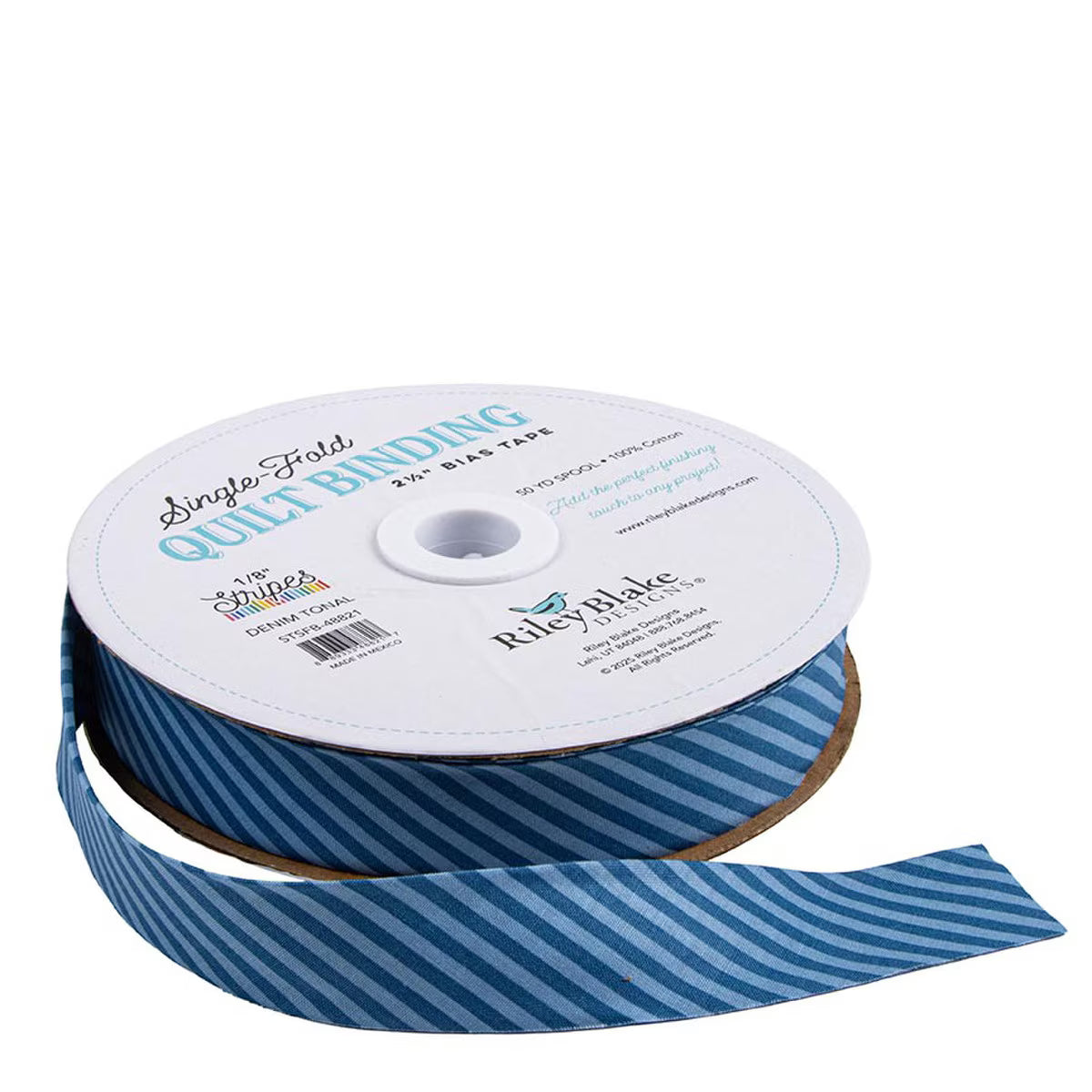 Riley Blake - Single Fold Bias Quilt Binding - By The Yard - 1/8" Stripes - Denim Tonal