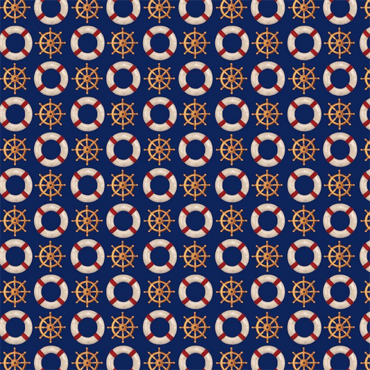 Timeless Treasures -  Beacon of Light - Ship Wheel & Life Preserver (Navy)
